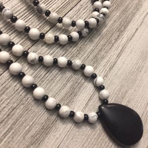 White Turquoise Mala w/Black Antique Glass Beads